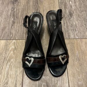 Brighton RALLY Black/Brown Leather Cork Wedge Heel Sling Back Sandals 6.5 Heart